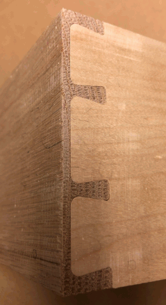 Photo of special rounded half-blind dovetail joints designed with Dovetail Maker