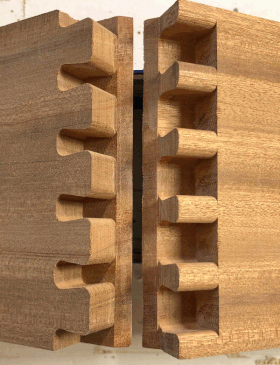 Photo of full-blind mitered dovetail joints designed with Dovetail Maker